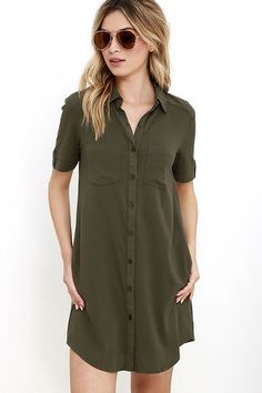 Oxford Comma Olive Green Shirt Dress at Lulus.com! Green Shirt Dress Outfit, Olive Green Shirt Dress, Green Short Sleeve Dress, Oxford Comma, Olive Green Shirt, Army Green Dress, Shirt Dress Outfit, Green Shirt Dress, Olive Dress