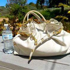 Miu Miu White Leather Bag With Gold Accent. Trimmings And Handles Have Cracks, Pls See Pics! White Leather Bag, Miu Miu Bag, Gold Accent, Gold Accents, White Leather, Miu Miu, Leather Bag, Shoulder Bags, Handles