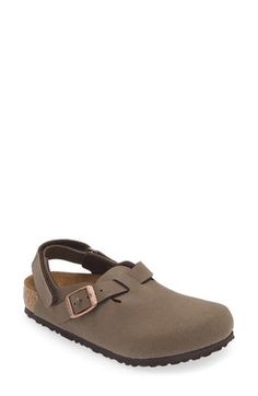 This adjustable, kid-size clog features Birkenstock's legendary cork footbed that mimics the contours of the foot for excellent comfort and support. Adjustable slingback strap with hook-and-loop closure Contoured footbed with arch support Synthetic upper/leather lining/synthetic sole Made in Germany Casual Brown Cork Clogs, Birkenstock Clogs Brown, Rugged Slip-on Clogs With Cushioned Footbed, Open Toe Clogs With Leather Footbed, Medium Width, Brown Open Toe Clogs With Cork-bed Midsoles, Birkenstock Clog, Brown Clogs With Buckle Closure, Medium Width, Unisex Shoes, Fabric Gift Bags