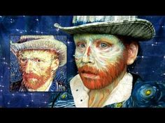 a painting of a man wearing a hat with his face painted like van goghn