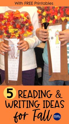 three children holding paper flowers with the text 5 reading and writing ideas for fall on them