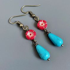 Birthday Gift Friend, Friend Graduation, Woman Birthday, Red And Turquoise, Jewelry Making Earrings, Earrings Teardrop, Gift Friend, Earrings Turquoise, Earrings Flower