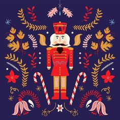 the nutcracker is surrounded by candy canes and holly wreaths on a dark blue background