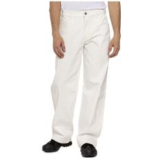 This Pair Of Dickies Work Pants Is Perfect For Any Job That Requires A Loose Fit With A 5-Pocket Design. Made From A Durable Blend Of Polyester, Cotton, And Elastane Denim Fabric, These Pants Are Designed To Stretch For Comfort And Feature A Solid White Color With Button And Zipper Accents. The Pants Have A Waist Size Of 36 Inches And An Inseam Of 32 Inches, Making Them Suitable For Men Of Various Sizes. In Addition To Being Functional, These Pants Also Have A Stylish Look With The Dickies Logo Dickies White Pants, White Painters Pants Outfit Men, Dickies Work Pants, Dickie Work Pants, Dickie Jeans, Non-stretch White Jeans With Pockets, White Non-stretch Denim Pants, White Jeans Men, Colored Denim