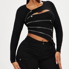 Black Zipper Top Edgy Black Top With Asymmetrical Zip, Edgy Black Top With Zipper Closure, Black Tops With Asymmetrical Zip For Night Out, Black Party Top With Zipper Closure, Cascading Dress, Dress Night Out, Balloon Sleeve Top, Blue Knit Sweater, Chiffon Long Sleeve