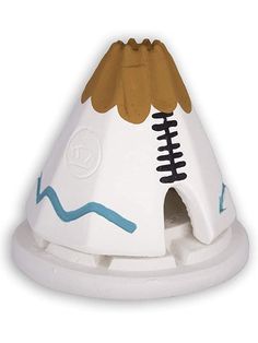 a white and blue toy with a brown bird on top