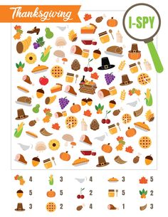 a thanksgiving themed poster with the words i - spy in front of it and an image of