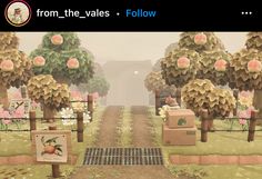 an animated image of a farm with peaches on the trees and flowers in the background