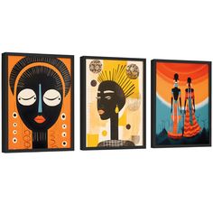 three framed art pieces depicting african women in front of an orange sky and sun setting