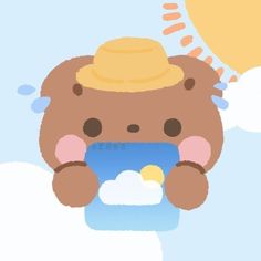 a brown bear with a yellow hat on its head and clouds in the sky behind it