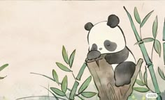 a panda bear sitting on top of a tree stump next to bamboo leaves and plants