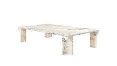 a white marble coffee table with two legs and a square shaped design on the top