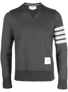 grey cotton logo patch to the side side stripe detailing crew neck ribbed band collar long sleeves short side slits side clasp fastening ribbed cuffs and hem Classic Crew Sweats With Ribbed Cuffs, Classic Gray Sweatshirt With Ribbed Cuffs, Classic Cotton Sweatshirt With Logo, Cotton Crew Sweatshirt With Three Stripes Branding, Sporty Crew Sweater With Logo Detail, Sporty Gray Sweater With Ribbed Cuffs, Classic Crew Sweatshirt With Ribbed Collar, Classic Sweatshirt With Ribbed Crew Neckline, Classic Gray Sweatshirt With Ribbed Collar