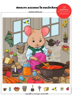 a cartoon mouse cooking in the kitchen with carrots and other foods on the table