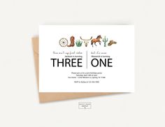 a card with the words three one on it and an image of horses, cactuses and