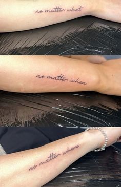 two pictures of the same person's arm with tattoos on them, one is not written