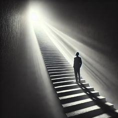 a man standing on top of a set of stairs with light coming from behind him