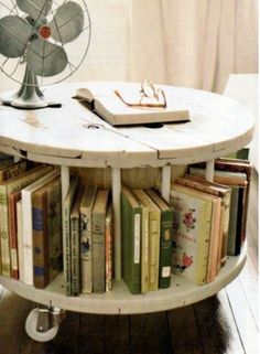 a round table with books and a fan on top