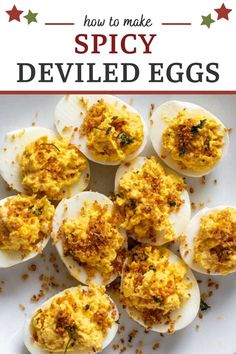 deviled eggs on a plate with the title how to make spicy deviled eggs