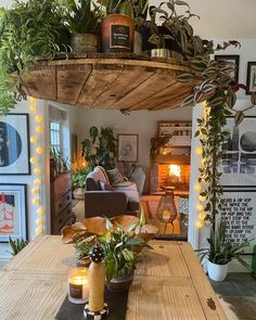 a living room filled with furniture and lots of plants on top of a wooden table