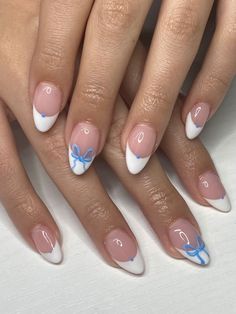 Summery Nails, Girly Acrylic Nails, Soft Nails, Short Acrylic Nails Designs, Funky Nails, Pretty Acrylic Nails, Short Acrylic Nails, Blue Bow, Cute Acrylic Nails