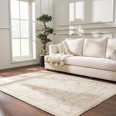 a white couch sitting on top of a hard wood floor next to a potted plant