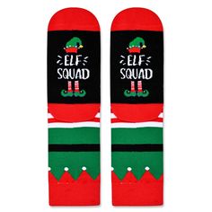 ELF CHRISTMAS SOCKS: These holiday socks feature a playful design with Santa's belt patterns and white fluff ball patterns, complemented by neat red stripes. The bottom of the ELF socks has a hilarious hidden message that reads "ELF SQUAD". SIZE & PACKING: Fits for 4-6 years old little kids. Each Christmas gift box contains one pair of funny festive socks. QUALITY MATERIAL: Crafted from 80% cotton, 15% polyamide, and 5% elastane, these socks offer a soft, stretchy, and breathable fit, ensuring c Elf Gifts, Belt Patterns, Elf Socks, Stocking Socks, Elf Gnome, Santa Belts, Elves Gift, Xmas Elf, Christmas Wedding Gifts