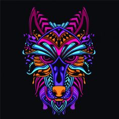 a colorful wolf's head on a black background with an intricate pattern in the middle