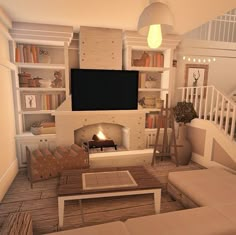 a living room filled with furniture and a flat screen tv mounted on the wall above a fire place