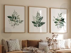 three framed pictures hang on the wall above a couch in a living room with pillows