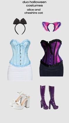 the costume is purple and blue with black trimmings, high heeled shoes, and an overbusk corset