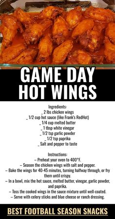 an advertisement for game day hot wings with instructions on how to cook them in the oven