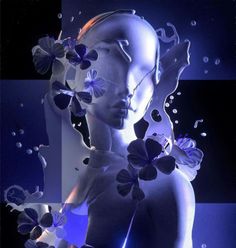 a woman with flowers in her hair is surrounded by water droplets and bubbles as she looks at the camera