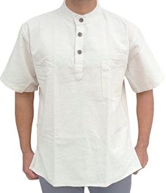 You are viewing collarless, half sleeve grandad Shirt/Kurta for casual, summer, festival, Yoga, beach or formal use. Features : ✔Material: Upto 35% Linen and rest cotton ✔Pockets :  Design A:  has One chest and one side Design B: No pocket ✔High quality fabric ✔High quality stitching ✔Use:Casual,Summer,Festival,Yoga,Beach, Formal ✔Colour: Cream/Natural White/Light Beige ✔Wash: Dry clean, or gentle washing and drying recommended Linen comes from flax plants and are biodegradable. Flax plants do n Cotton Stand Collar Tops For Summer, Summer Cotton Tops With Stand Collar, Summer Half Sleeve Shirt With Placket, Summer Half-sleeve Shirt With Placket, Casual Long Sleeve Beige Kurta, Casual Stand Collar Top With Placket, Casual Tops With Stand Collar And Placket, Casual Top With Stand Collar And Placket, Casual Beige Long Sleeve Kurta