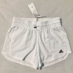 Adjustable Drawstring. No Lining Under Shorts. White Drawstring Workout Shorts, Adidas Workout Bottoms For Summer, Adidas Summer Workout Bottoms, White Stretch Shorts With Drawstring, Adidas Stretch Bottoms For Summer, Adidas Stretch Summer Shorts, Adidas Summer Bottoms With Elastic Waistband, Adidas Bottoms With Elastic Waistband For Summer, Summer Adidas Bottoms With Elastic Waistband