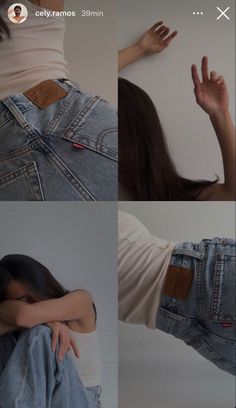 four different images of a woman with her hands on her hips and the back of her pants