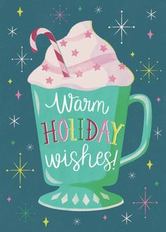 a christmas card with a green mug filled with ice cream and a candy cane in it