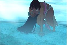 an animated image of a woman bending over in the water with her hands on her hips