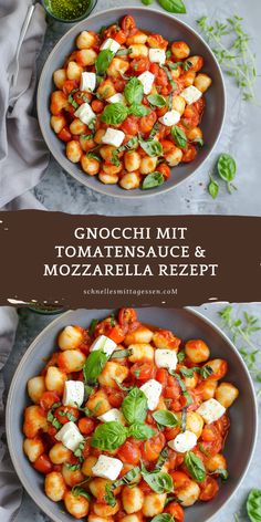 two bowls filled with different types of food and the words gnocchi mit mozzarella