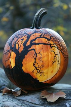 a painted pumpkin with a tree on it