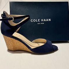 Absolutely Gorgeous Cole Haan, Leather Blue 4” Wedge Heal. Such A Classic, Shoe. Not Worn Once. See Pictures - One Shoe Is Still In The Bag (Included) Still In Box. Not A Mark On Them. * I Do My Very Best To Make Sure There Are No Imperfections. If There Are, I Will List Them. I Want My Buyers To Be Happy! However, Sometimes Things Do Slip By. Blue Round Toe Wedge Sandals For Formal Occasions, Blue Formal Wedge Sandals With Round Toe, Blue Cushioned Ankle Strap Wedge Sandals, Elegant Blue Wedge Sandals With Round Toe, Blue Wedge Sandals With Cushioned Footbed, Elegant Blue Synthetic Wedge Sandals, Blue Wedge Heels With Cushioned Footbed, Gladiator Wedge Sandals, Beige Wedges