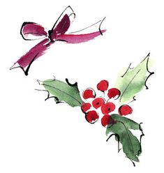 watercolor painting of holly with red berries and green leaves