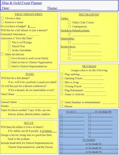 a yellow and blue checklist with the words, date & event planner on it