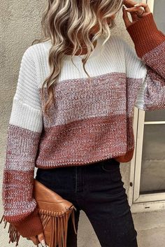 Orange Color Block, Orange Pullover, Color Block Design, Orange Sweaters, Colour Blocking, Drop Shoulder Sweaters, Fall Clothes, Color Block Sweater, Brown Sweater