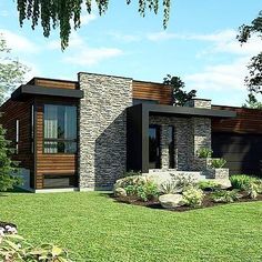 this is a computer rendering of a modern house in the country side yard with stone and wood accents