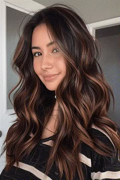 EspressoBrownHairwithCaramelHighlights371 Red Brown Lowlights Brunettes, Reddish Brown Lowlights, Brown Red Hair With Highlights, Brown Hair With Light Highlights, Highlights Ideas For Black Hair, The Best Hair Color, Soft Balayage, Ideas For Black Hair, Black Hair Balayage