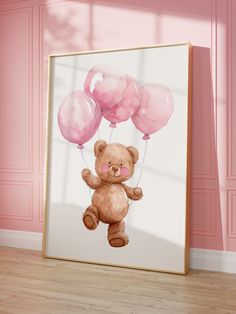 a painting of a teddy bear with pink balloons on it's head, in front of a pink wall