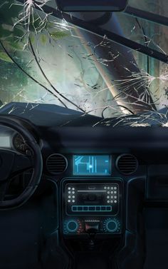 the interior of a car with broken windshields and dashboard lights in front of it