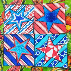 an art project is shown with different colors and designs on the paper, including stars