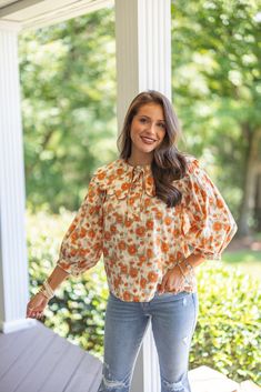 Persimmon and cream floral print top with button front bodice and scalloped collar Introducing the Floral Whimsy Top! You'll feel like a bloomin' beauty in this lovely floral number, featuring a crew neckline with a scalloped exaggerated collar, button front bodice, and cuffed 3/4 length balloon sleeves. Perfect for any occasion - whether you're going for a casual vibe, or dressing up for a day out! True to size fit; relaxed silhouette Model is 5'5" wearing a small Fabric does contain stretch Cr Cruise Vacation Outfits, Exaggerated Collar, Scalloped Collar, Cream Top, Cream Tops, Vintage Couture, Vintage Havana, Capri Blue, Floral Print Tops